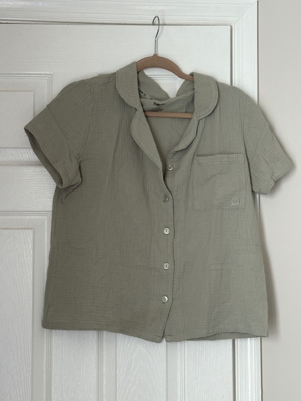 Børn 100% Cotton Muslin Gauze Pajama Shirt Olive Green Short Sleeve Medium